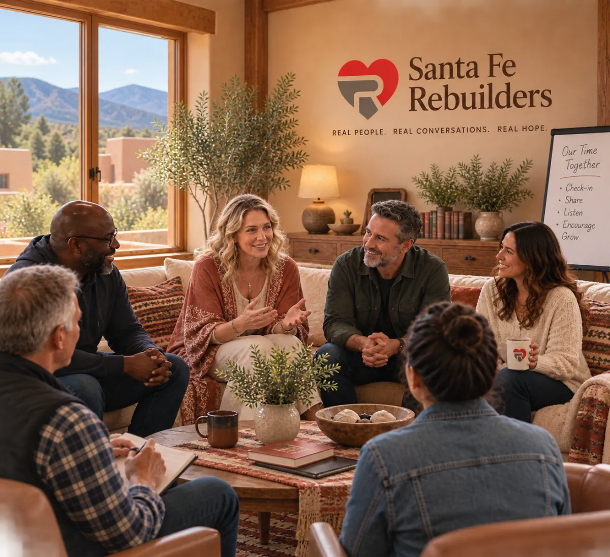 A warm, candid photo of a group setting at a Rebuilders gathering