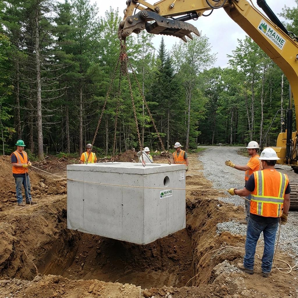 septic tank being lowered by an excavator and guided by workers in central Maine