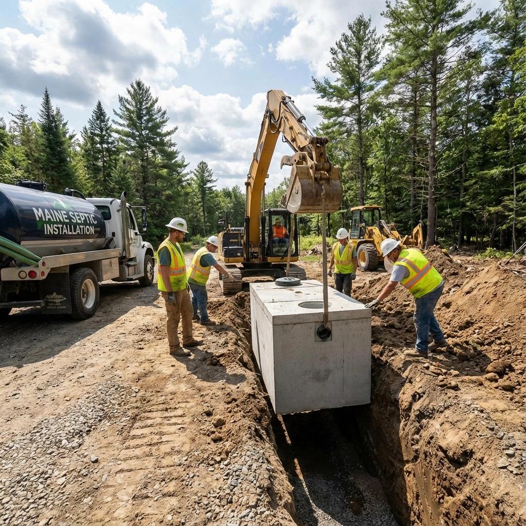 septic tank being lowered by an excavator