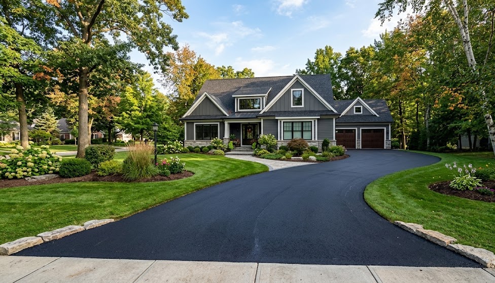 Freshly paved asphalt driveway in Hancock County, Maine