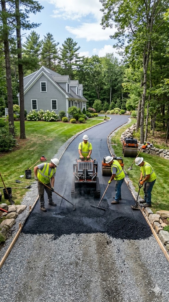 Workers paving a new asphalt driveway in Hancock County, Maine