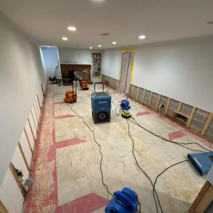Basement water damage restoration in Omaha with flood cut walls, LGR dehumidifier, and air movers drying the floor