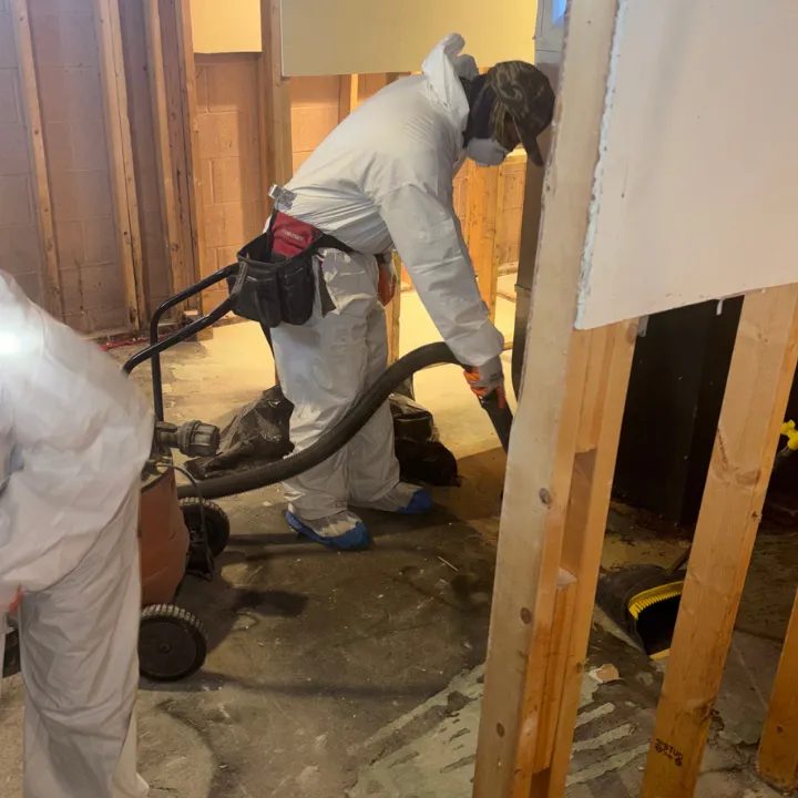 Technician in a protective suit cleaning debris from a gutted basement during water damage cleanup in Bellevue