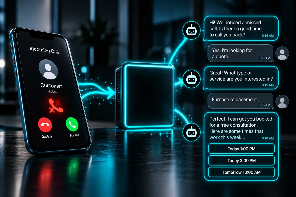 Dark UI showing missed-call capture protocol and instant text response routing interface