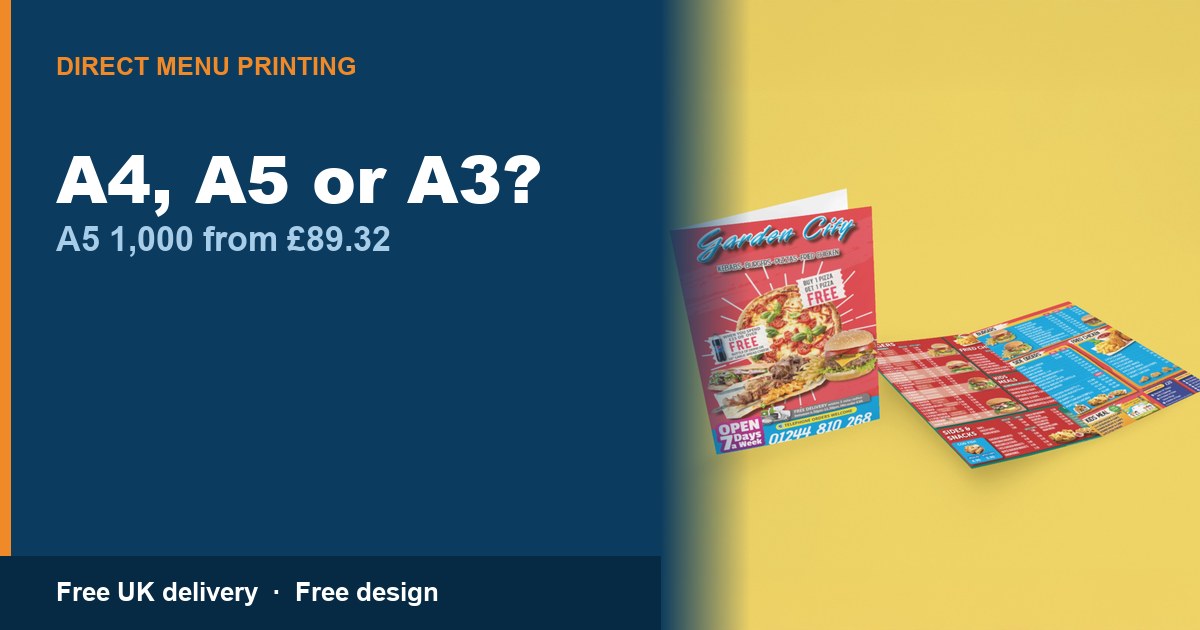 A4, A5 and A3 printed menus laid side by side to compare size