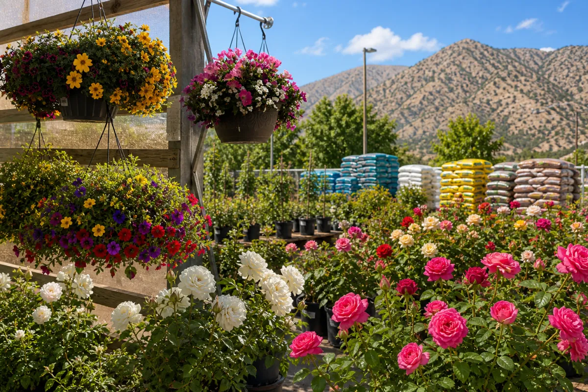Colorful rose bushes and hanging flower baskets displayed at Lake Isabella True Value, with spring garden supplies like soil and mulch nearby.
