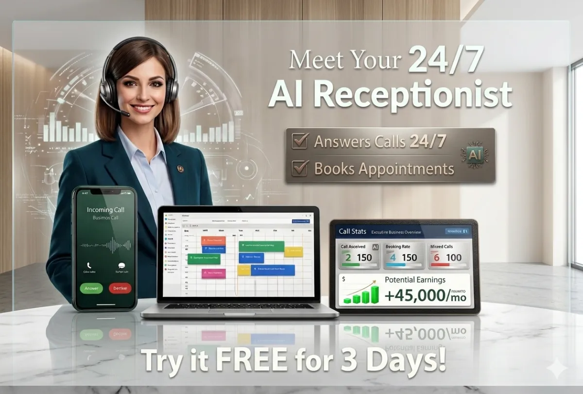 Phone mockup showing AI receptionist for {{ business_name }}
