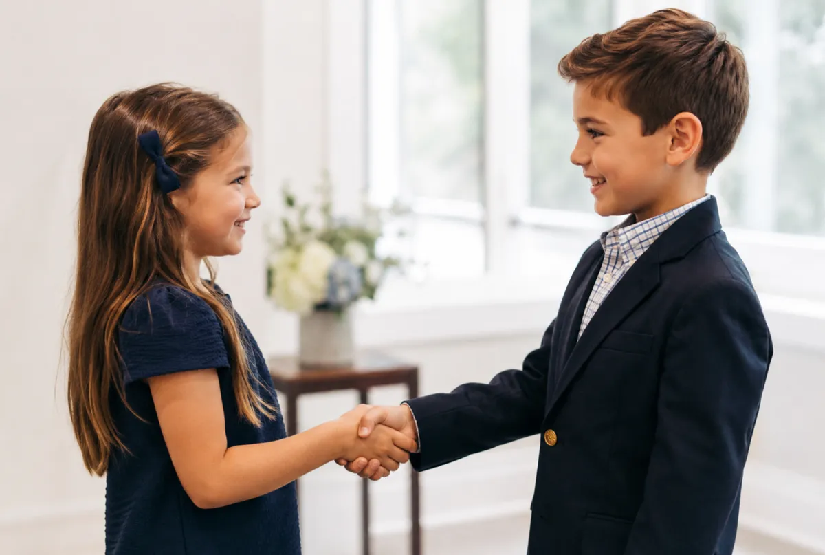 Young lady and gentlemen student grades 1-5 shaking hands confidently making eye contact and smiling during Pre-Cotillion Class at College Grove TN 