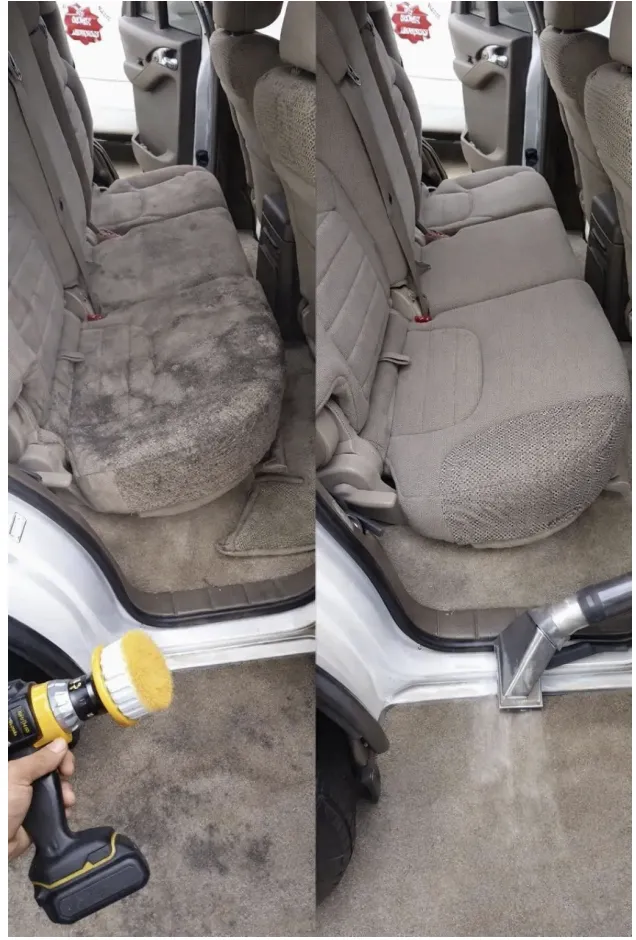 Before and after upholstery shampoo service showing fabric seat deep cleaning by LG Mobile Detailing in Dallas TX