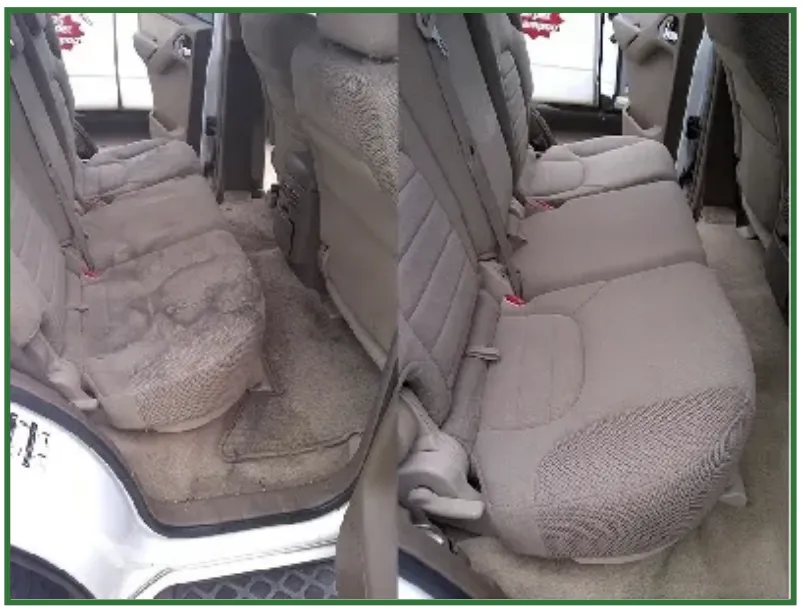 Before and after interior car detailing showing deep seat cleaning and upholstery shampoo results by LG Mobile Detailing in Dallas TX