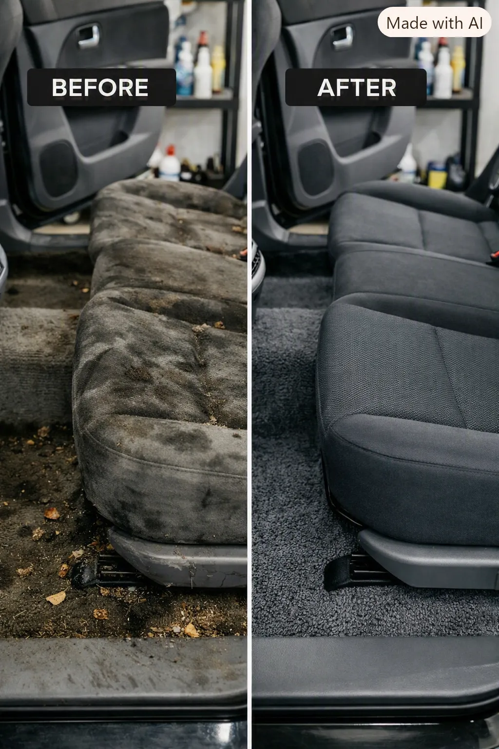 Before and after interior car detailing showing deep seat cleaning and upholstery shampoo results by LG Mobile Detailing in Dallas TX