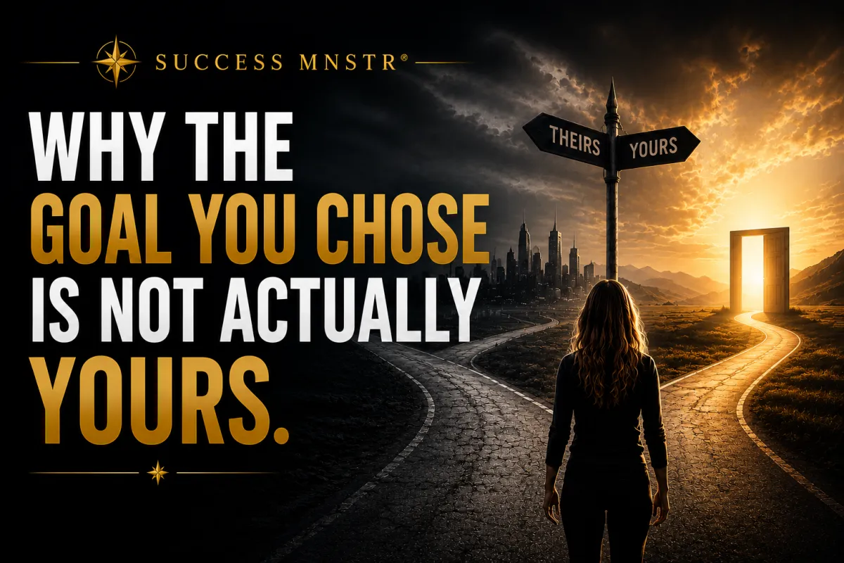 Why do I achieve my goals and still feel empty. Woman at a crossroads choosing between someone else's path and her own. Post-achievement depression, identity loss after success, why goals feel hollow, why am I not satisfied after achieving my goal. Success MNSTR Post-Success Psychology by Ashley Armstrong.