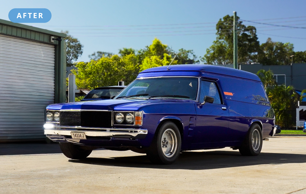 Finished blue panel van after restoration