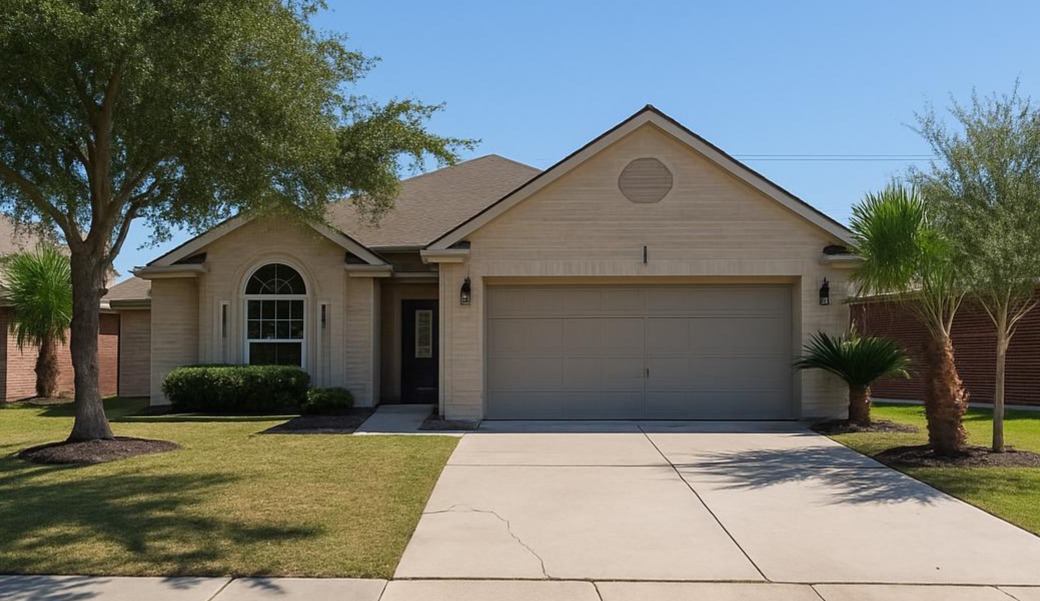 Modern two-story home with large windows, palm trees, and a sunlit driveway in Corpus Christi, Texas. The house features a blue and white exterior, manicured lawn, and a welcoming front entrance, evoking a sense of comfort and luxury.