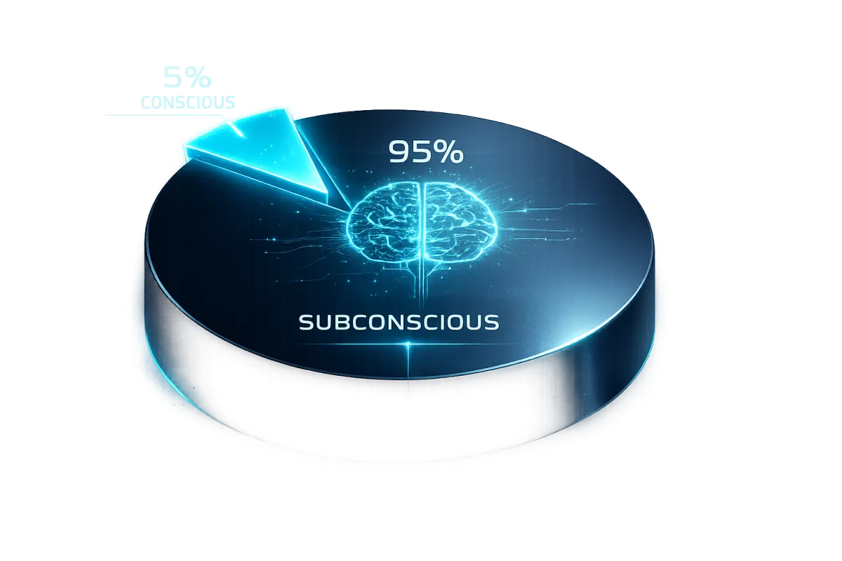 95% Subconscious / 5% Conscious brain pie chart infographic