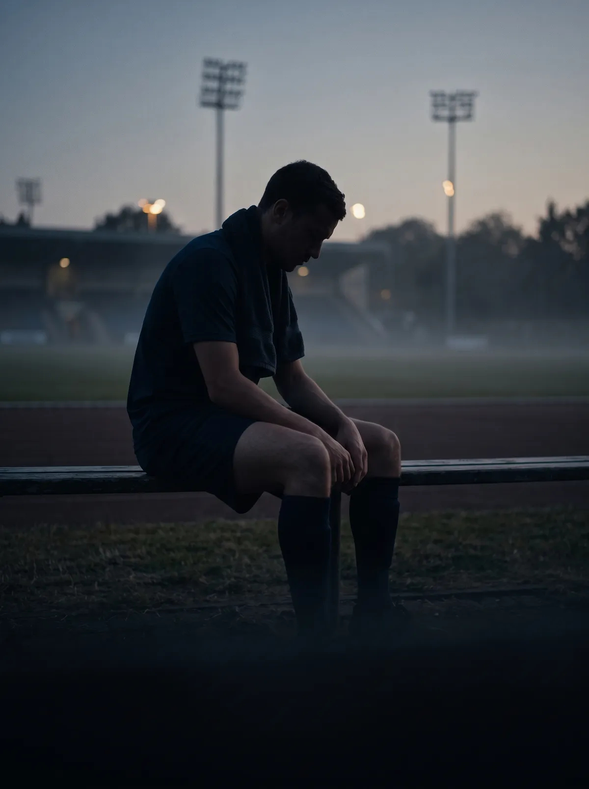 An athlete sits alone on a bench at dusk after a game