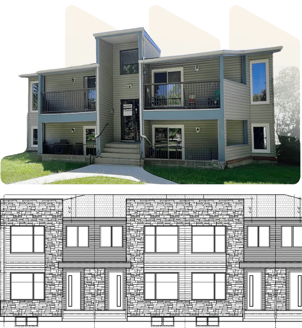 A collage image of a 10+ unit multi-family property with a architectural image of a new property under development