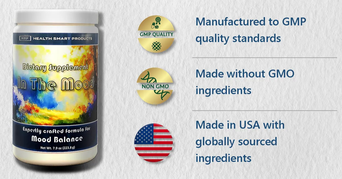 In The Mood container with product quality information: manufactured to cGMP quality standards, GMO ingredient information, and Made in USA.
