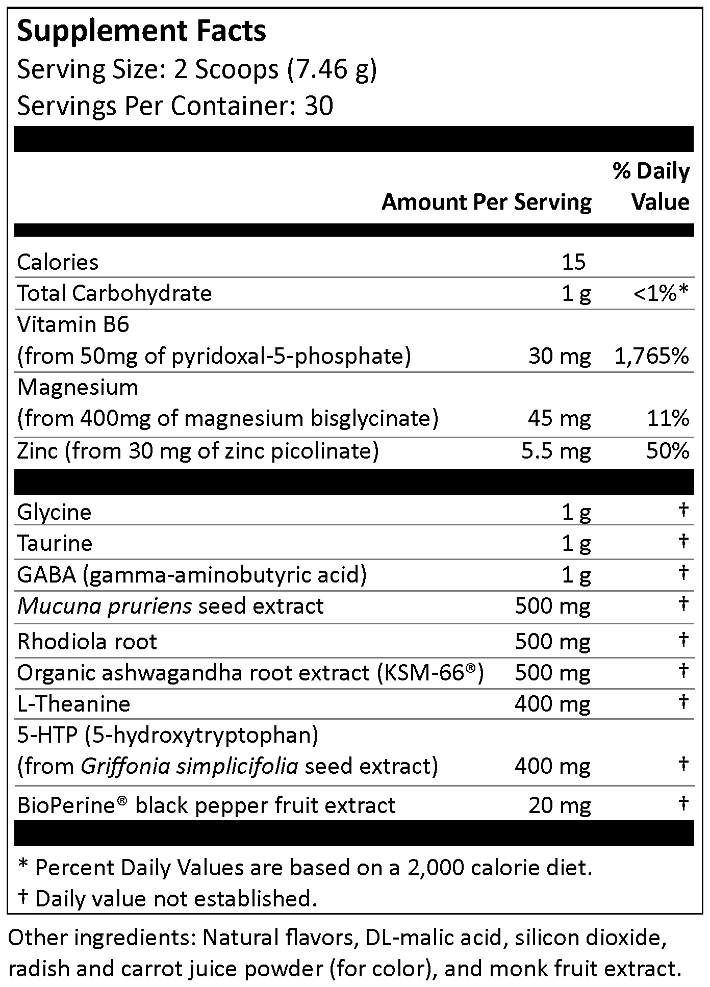 In The Mood Supplement Facts panel listing serving size, ingredients and amounts per serving.