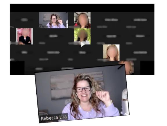 Meditation session pictured on zoom with multiple members and Rebeca Lira, the meditation guide