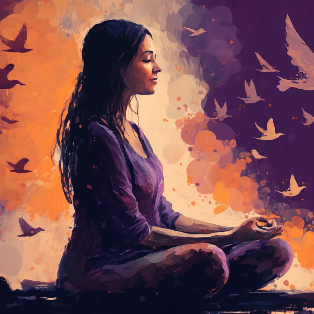 Image of a woman seated in meditation with birds flying behind her