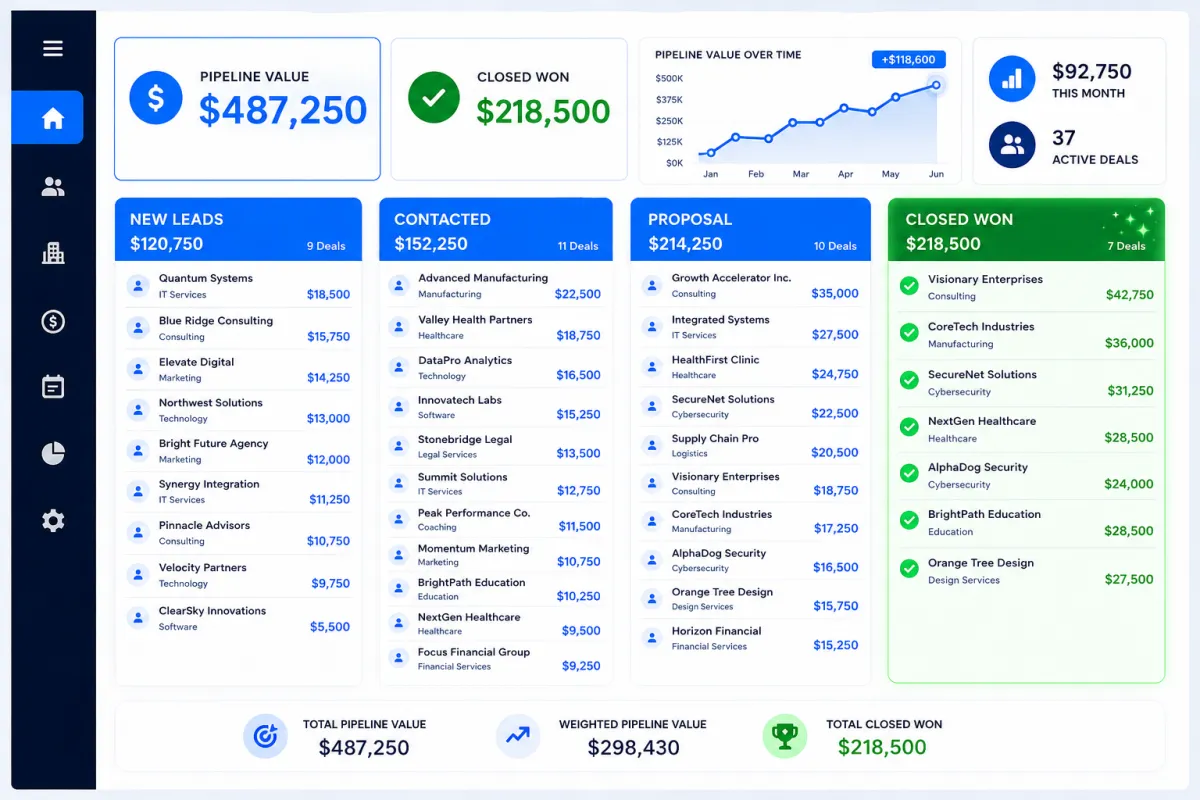 CRM sales pipeline showing active leads, closed deals, and revenue growth