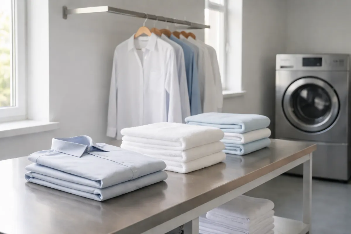 Small business team member folding towels — warm candid photo conveying reliability and human touch