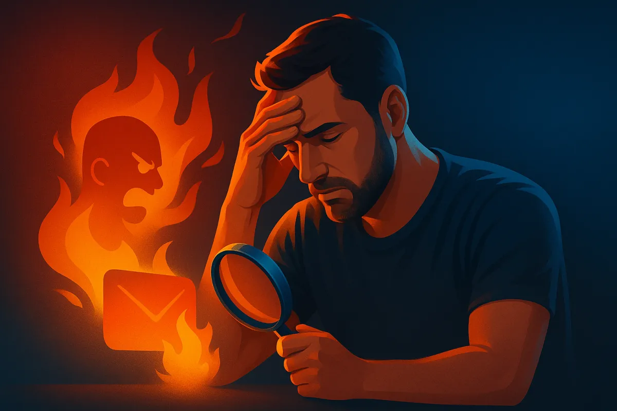 man holding  a magnifying glass, looking a message folder, his other hand on his forehead indicating being triggered by what he had read