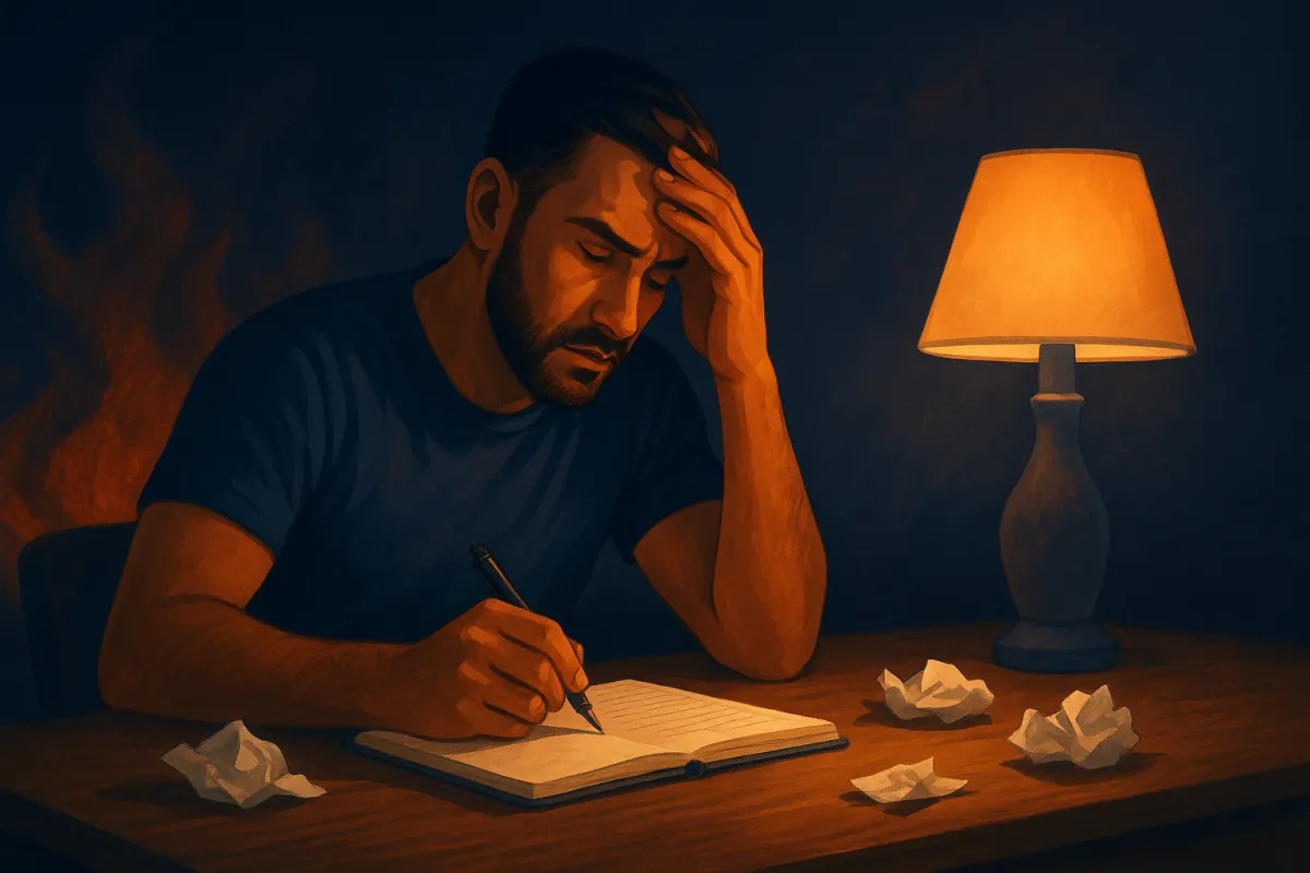 man holding  a magnifying glass, looking a message folder, his other hand on his forehead indicating being triggered by what he had read
