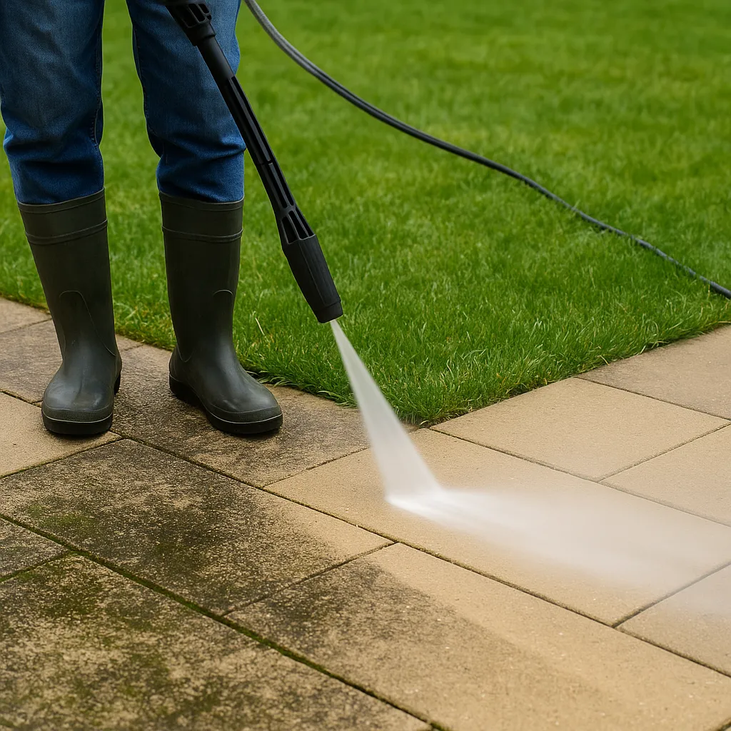 Outdoor paving being cleaned with pressure washer