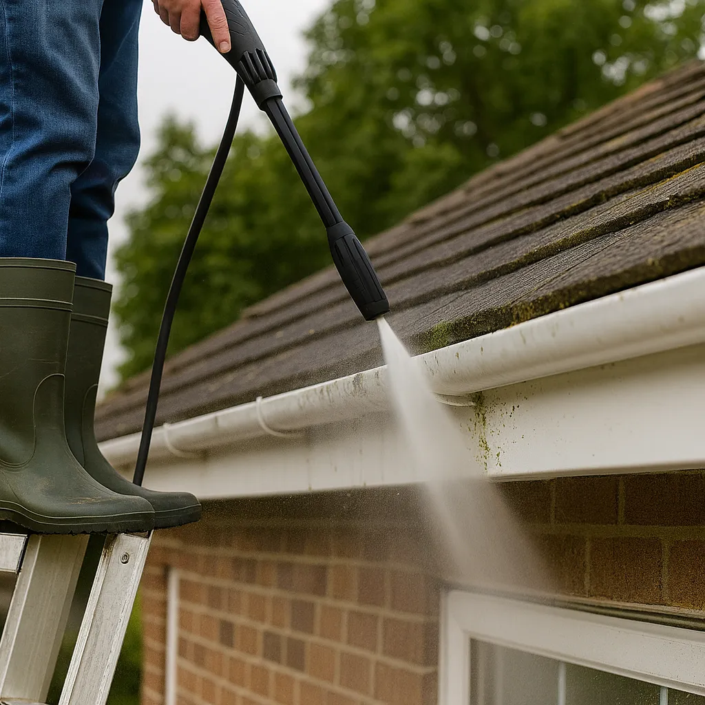 Technician pressure cleaning residential gutters