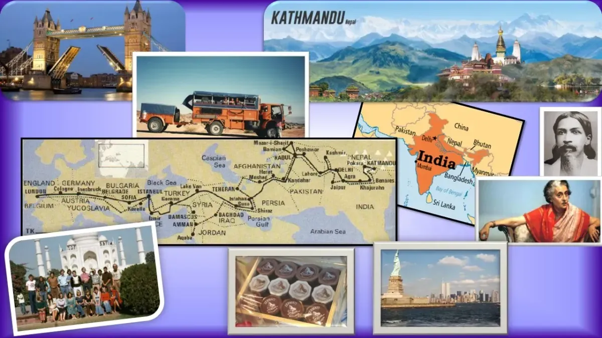 Collage of monks in saffron robes at dusk and a dusty overland road, evoking pilgrimage and curiosity