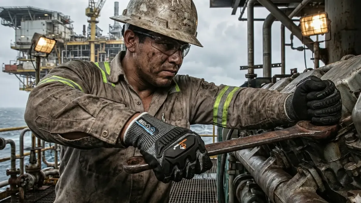 Trabajador petrolero usando guante de impacto S15GPNVB para apretar tuerca con llave en plataforma marina