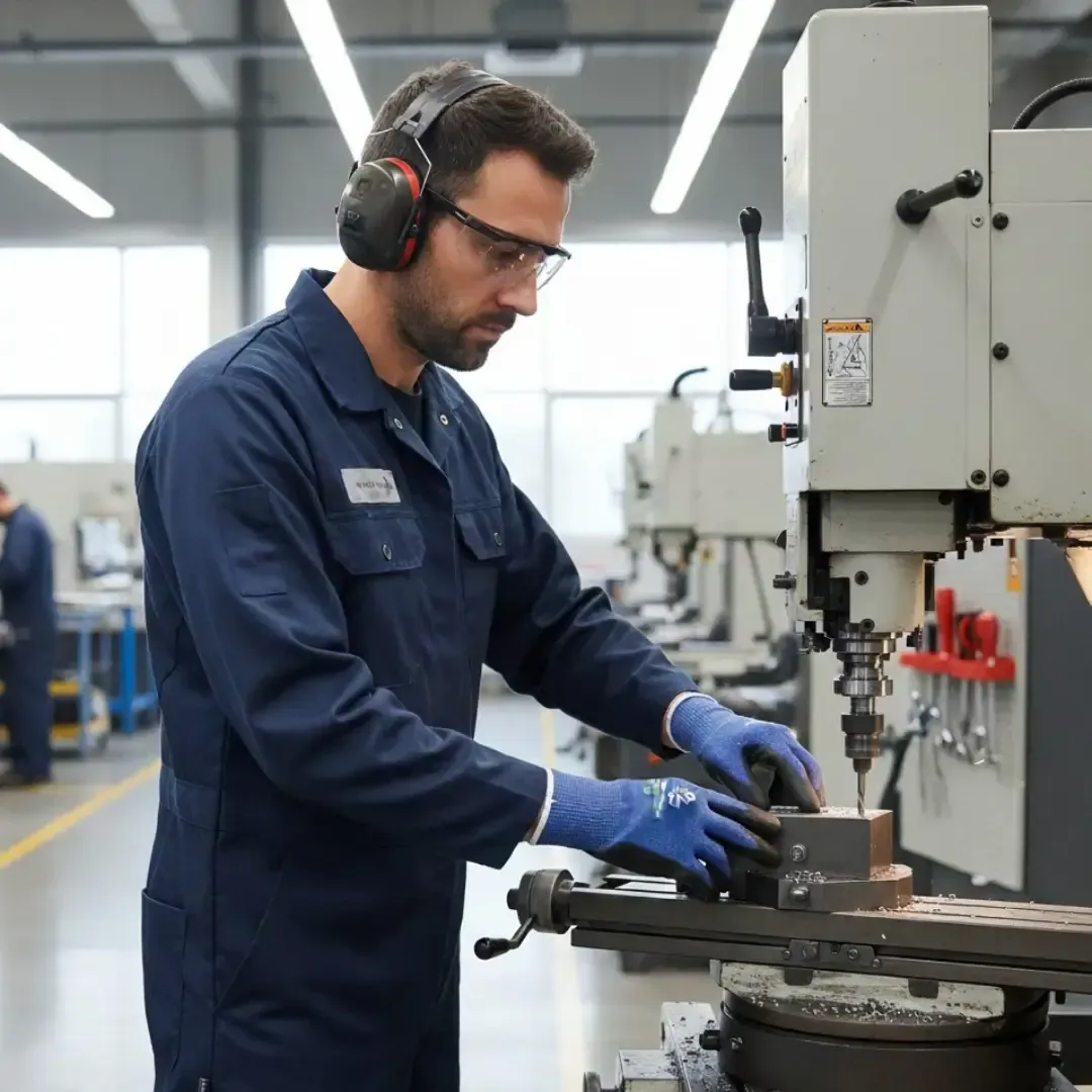 Operario con guantes de seguridad y protección auditiva operando taladro de banco en taller metalmecánico