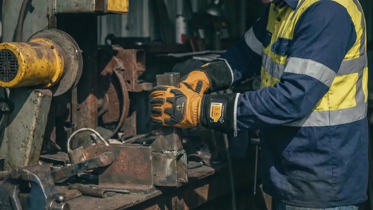 Trabajador con guante de impacto Superiorglove sujetando pieza metálica en taller industrial