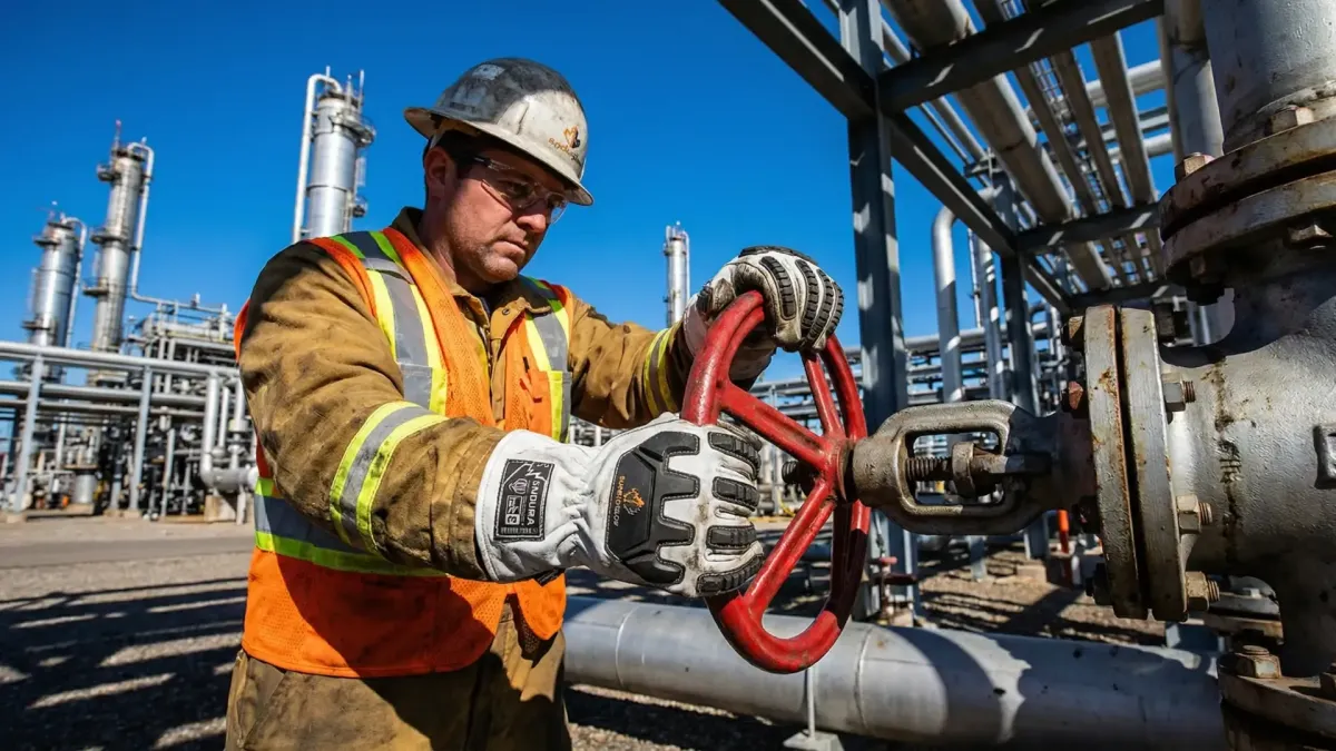 Operario con guantes Superiorglove operando una válvula roja en instalaciones de una refinería de petróleo