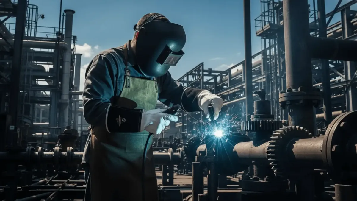 Soldador industrial con guantes de protección Superiorglove realizando trabajos de soldadura sobre tuberías en una planta petroquímica