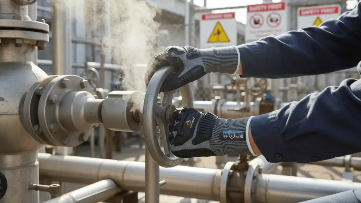 Manos con guantes de impacto Superiorglove girando válvula con vapor en planta industrial