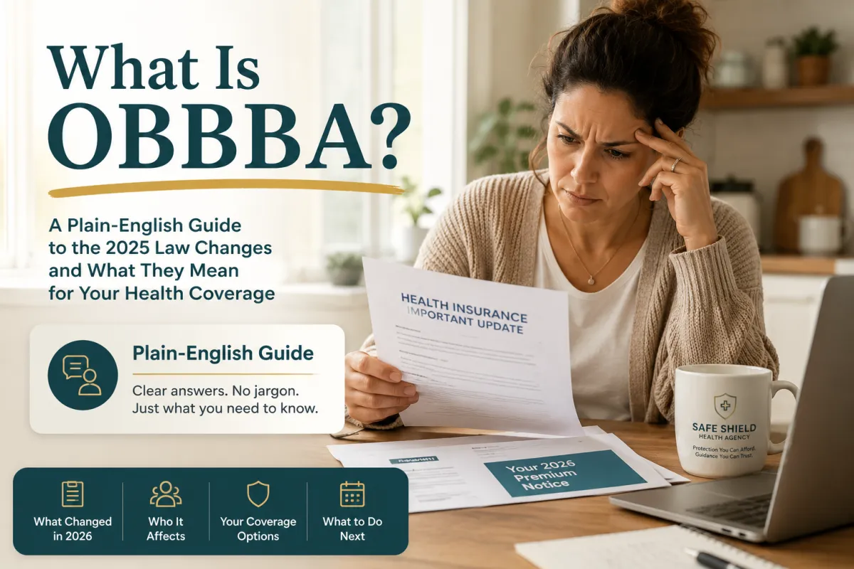 Advisor desk with a health plan document, policy paper, and calculator beside a 2025–2027 gold timeline explaining OBBBA and 2026 health insurance