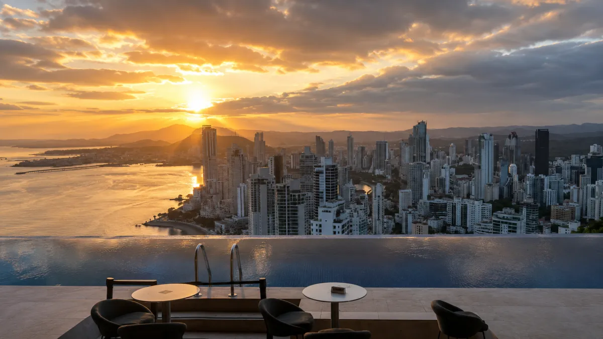 Vue panoramique de Panama City au coucher du soleil depuis une terrasse privée