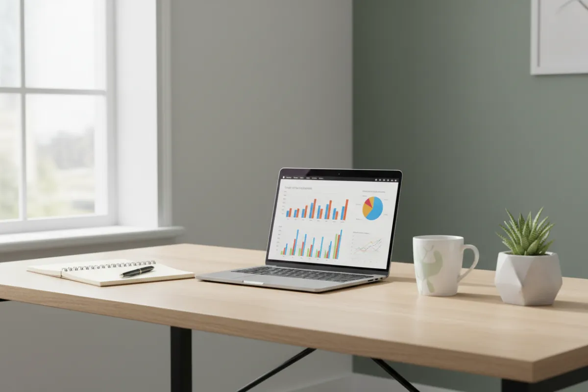 Modern home office workspace with a laptop displaying business charts, a notebook, a coffee mug, and a small potted succulent on a wooden desk by a window."