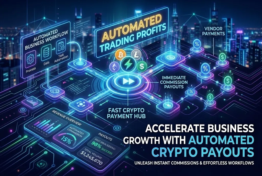 DHMedia business automation workflow with fast crypto payment payouts
