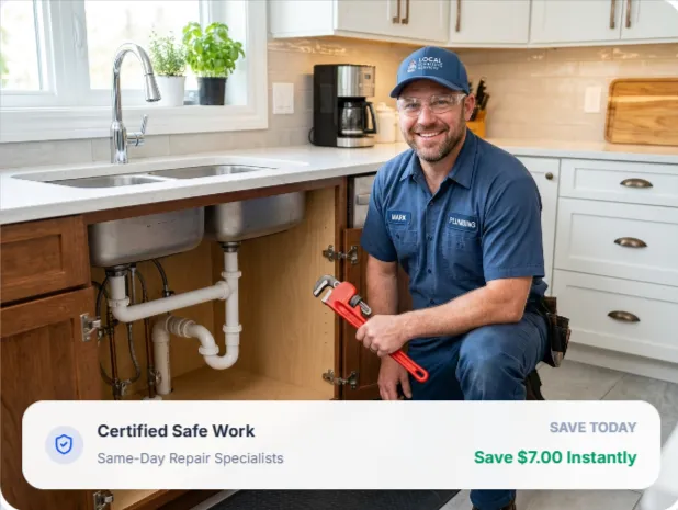 Plumber smiling under a sink with tools