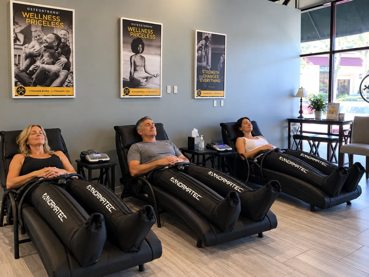NormaTec compression therapy for circulation support and lower-body wellness for active adults at OsteoStrong Lake Forest