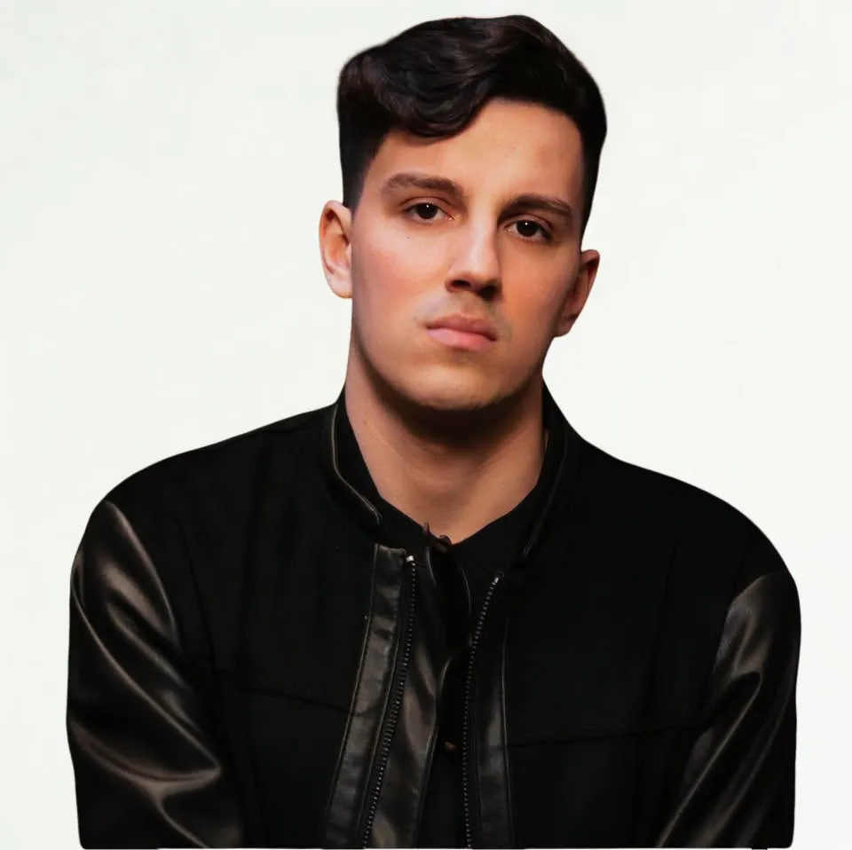 Male band member in a black leather jacket