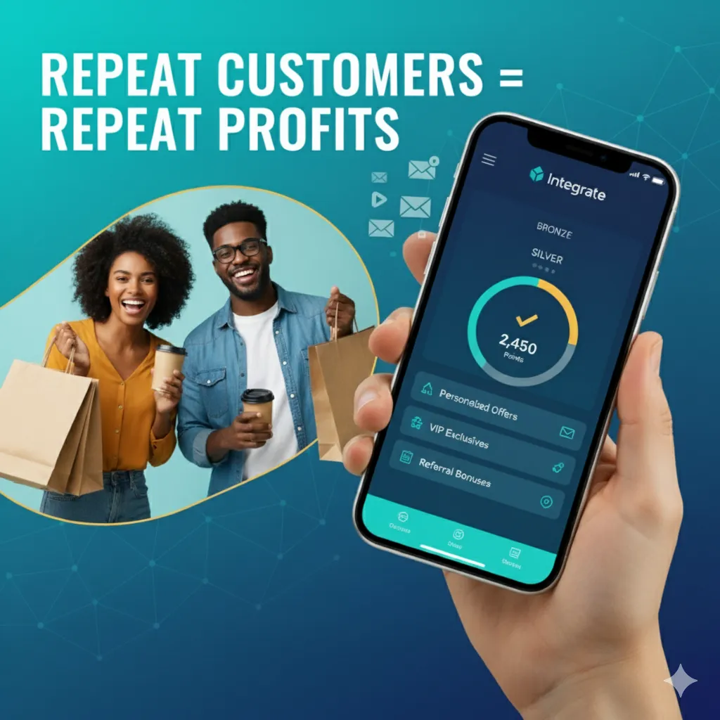 A vibrant, modern coffee shop owner smiling and holding a smartphone displaying a digital loyalty card, with a blurred, colorful shop background and diverse customers. The image is 3:2, energetic, and aspirational, evoking local business success.