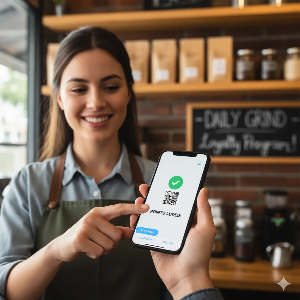 A close-up of a diverse local business team using a modern tablet to scan a digital loyalty card, with a bright retail counter in the background. The image is 3:2, lively, and demonstrates seamless app use in a real business setting.
