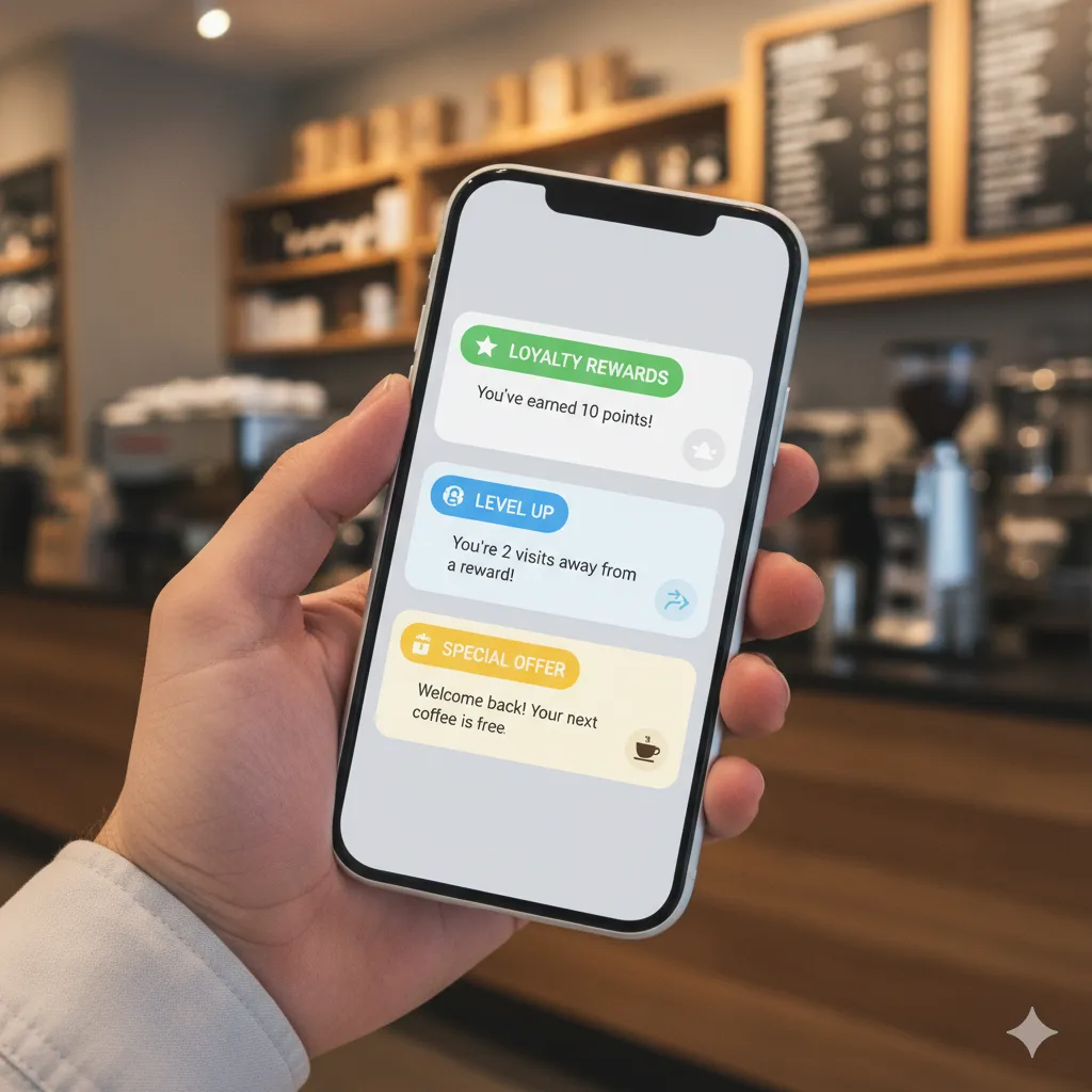 A cheerful young woman receives a push notification on her smartphone while standing outside a boutique, with a city street in the background. The image is 3:2, modern, and highlights real-time mobile engagement.