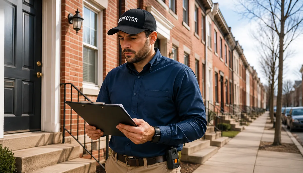 Home inspector reviewing findings on a Philadelphia rowhome
