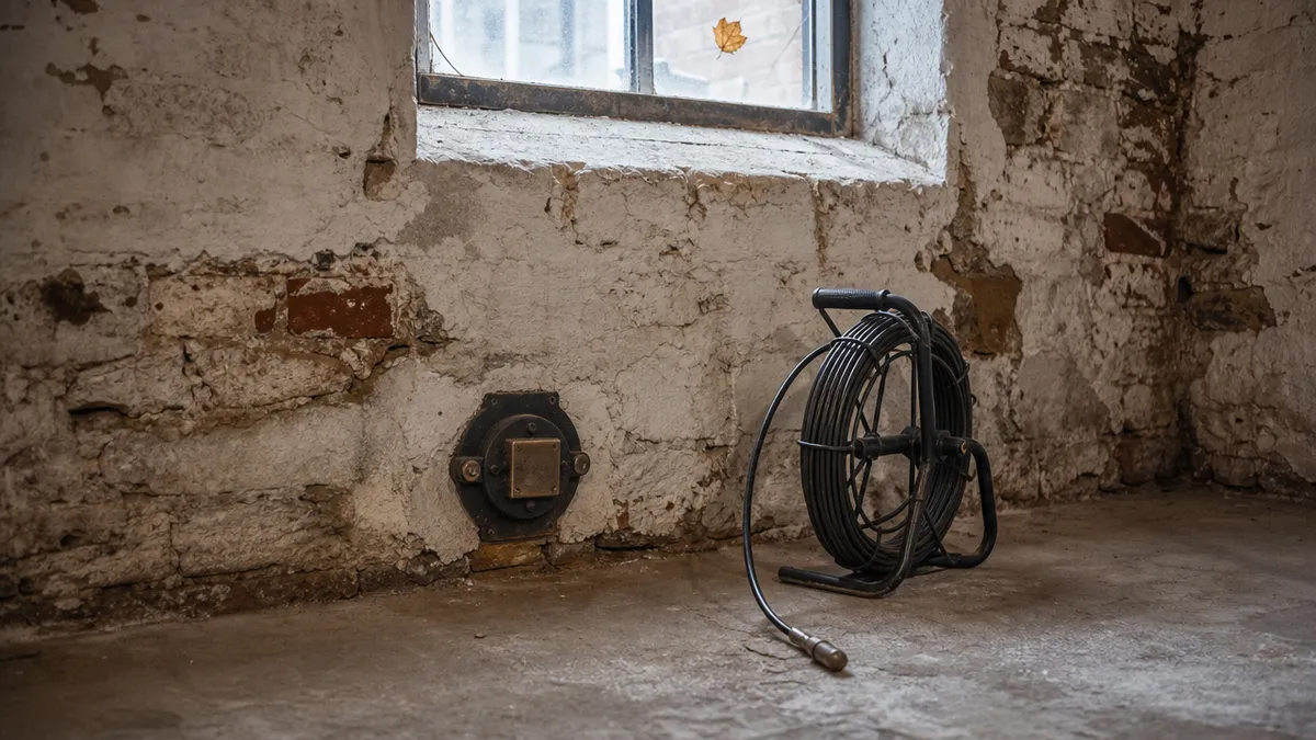 A cast-iron sewer cleanout low on a whitewashed stone basement wall, with a coiled sewer camera cable on the floor, lit by gray daylight from a small window